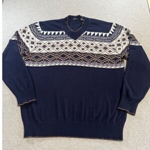 Sean John V Neck Sweater Mens 3XL Navy Blue Good Fair Isle Geometric Pullover